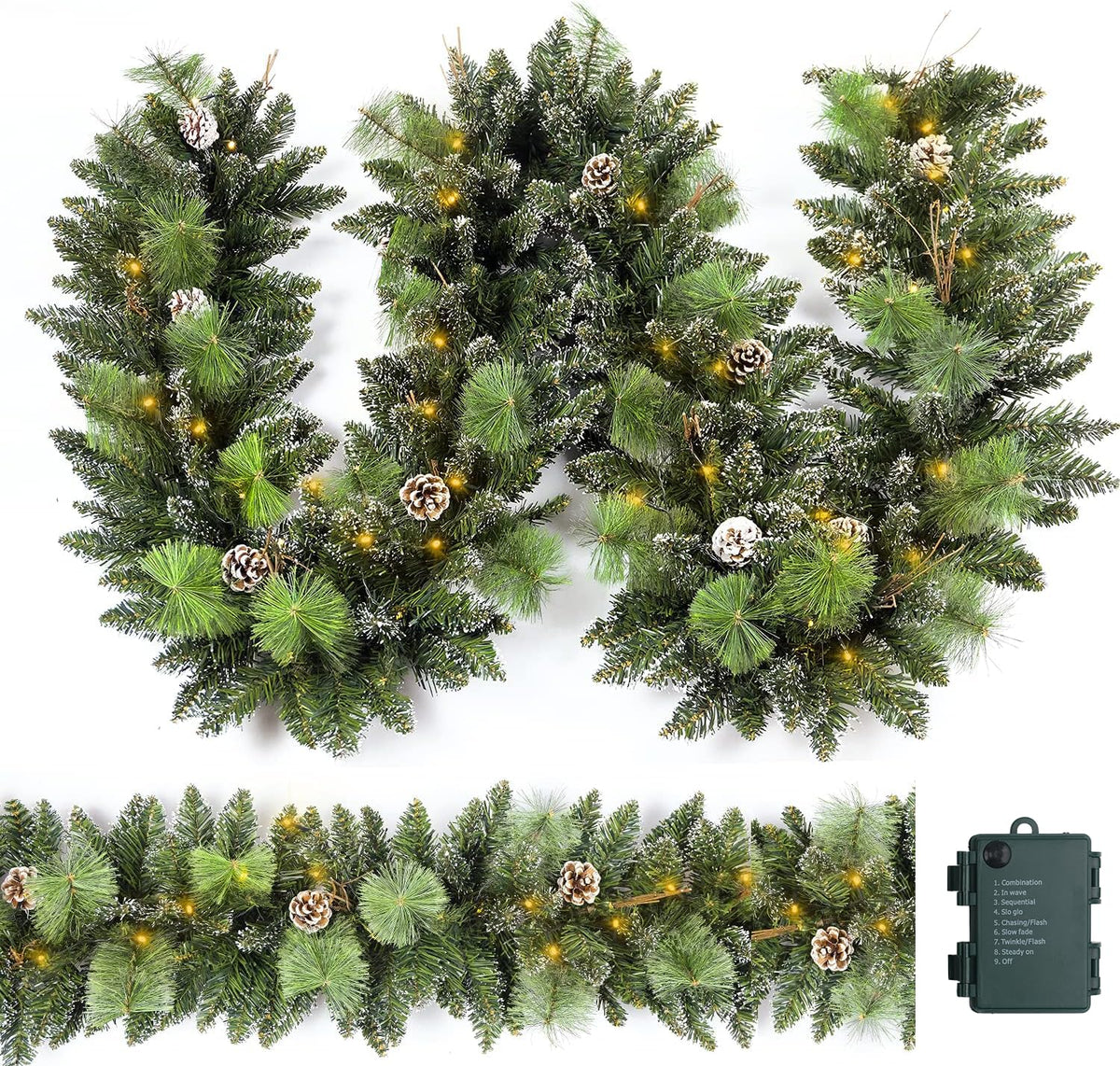 HomeKaren garland front view showing full 9 ft length and snowy pine detail, enhances holiday decor