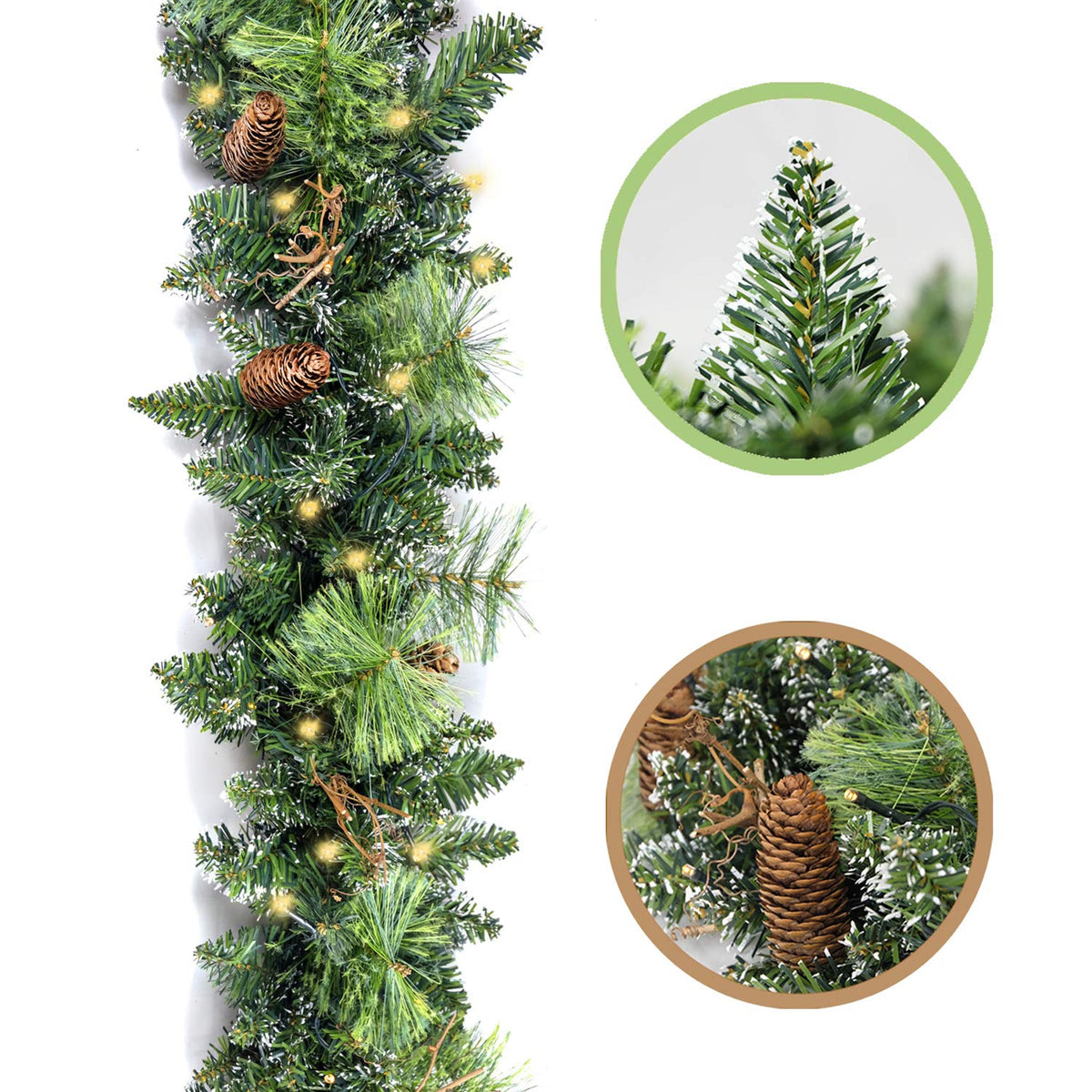 HomeKaren garland front view showing snowy pine design and warm lights