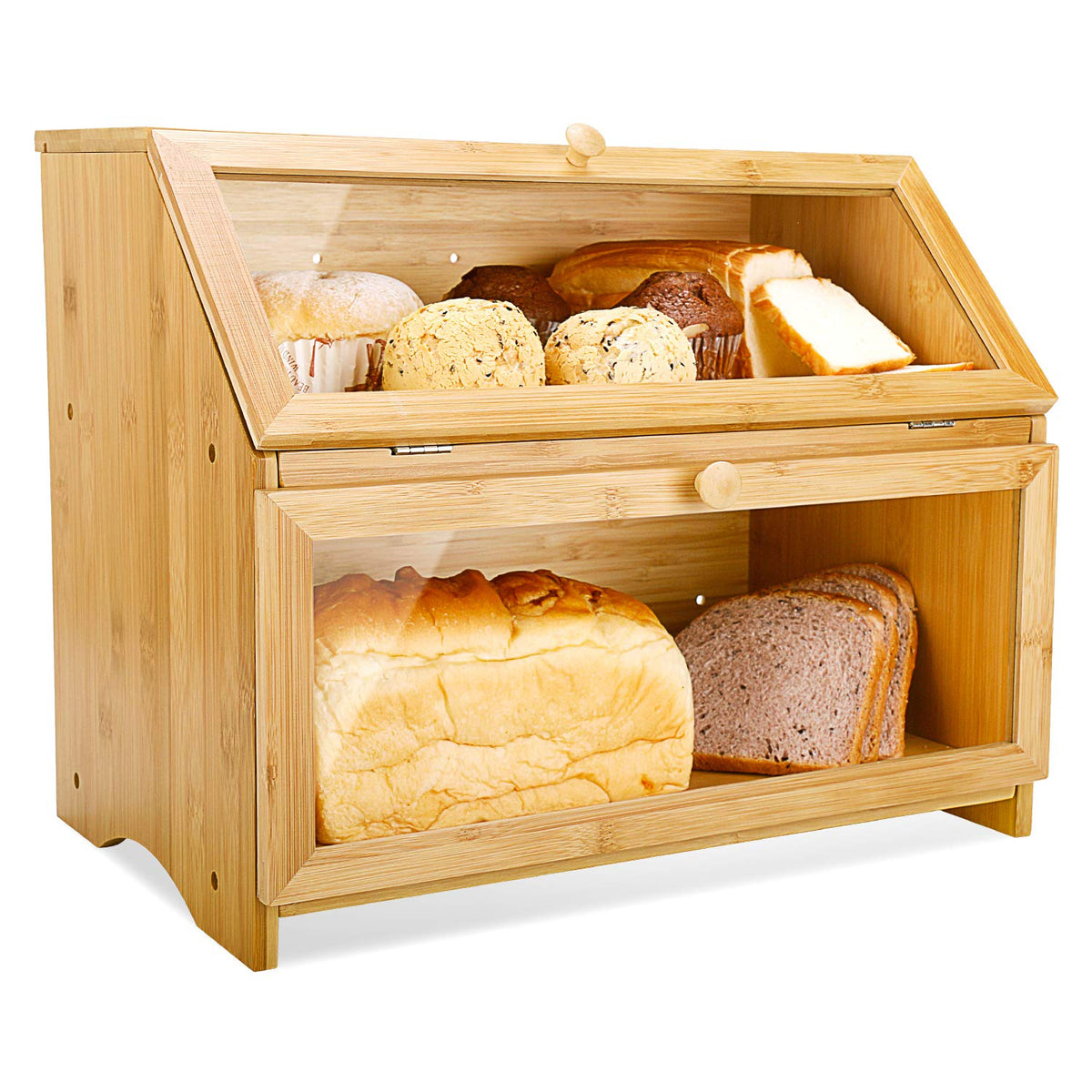 HOMEKOKO front view showing bamboo bread box protecting loaves