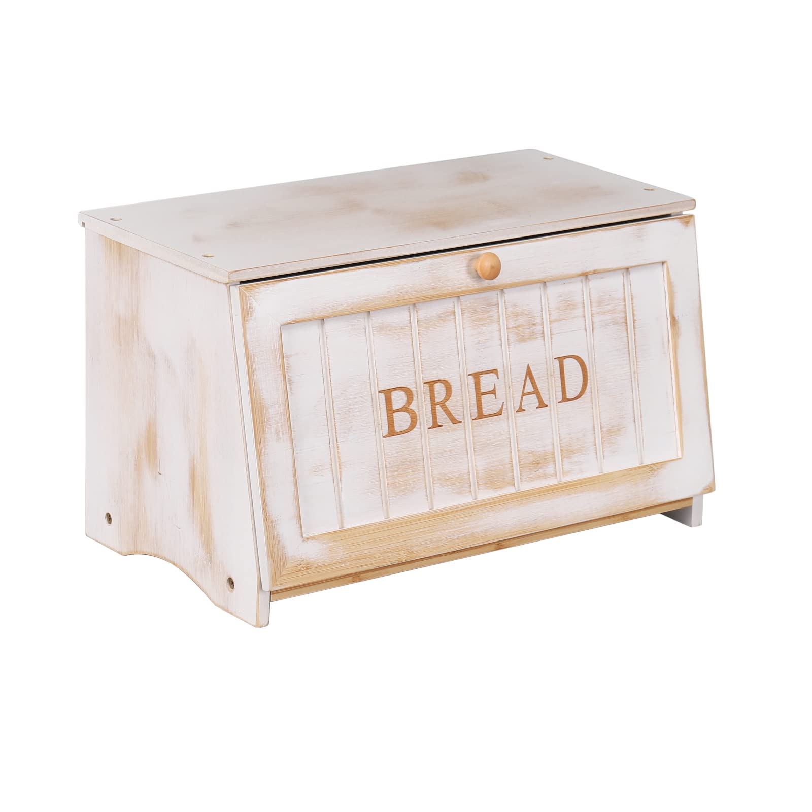 HOMEKOKO front view showing white vintage bread box and easy access benefit