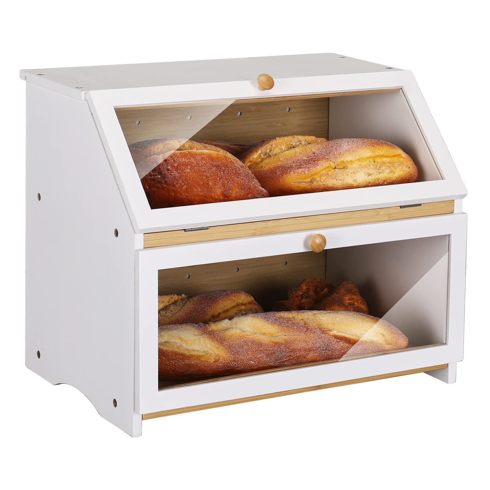 HOMEKOKO front view showing white bamboo bread box and clear window for easy access