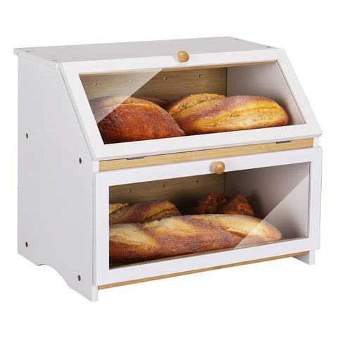 HOMEKOKO front view showing white bamboo bread box and clear window for easy access