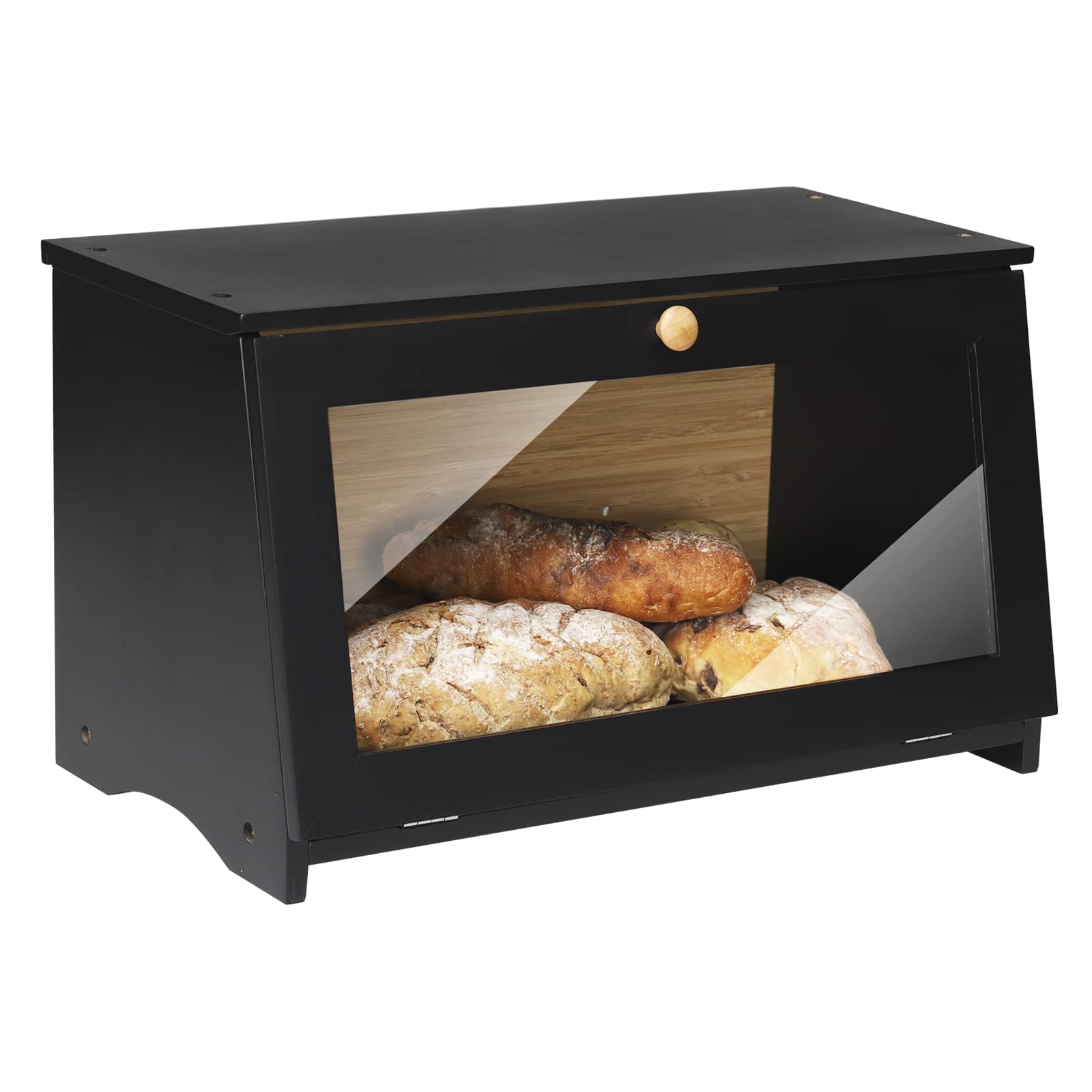 HOMEKOKO front view of black bamboo bread box showing clean countertop storage