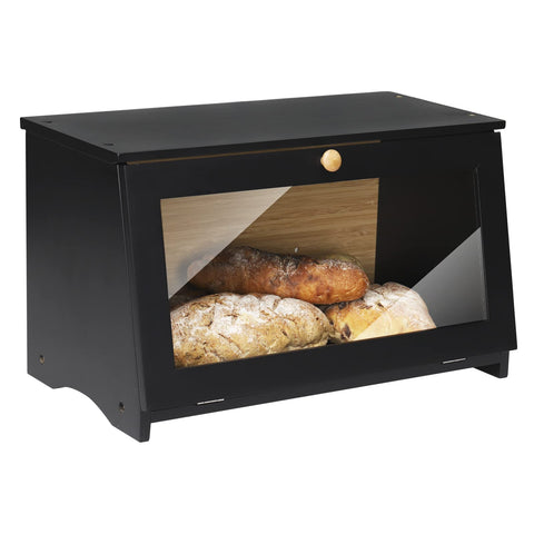HOMEKOKO front view of black bamboo bread box showing clean countertop storage