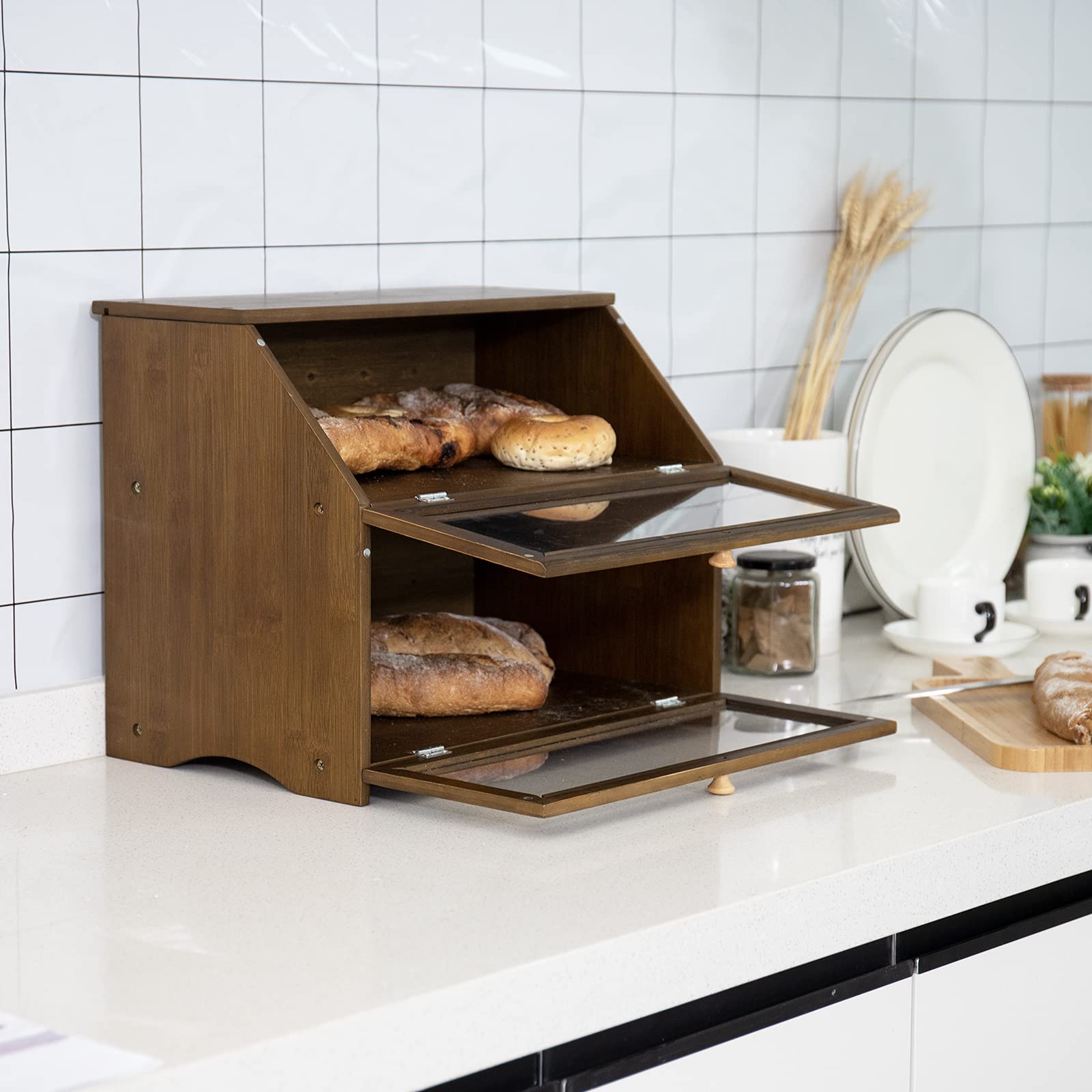 HOMEKOKO open double-layer bread box with two loaves demonstrating capacity