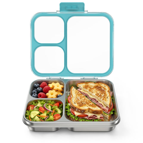 HOMEKOL front view of blue bento lunch box showing secure lid and compact shape