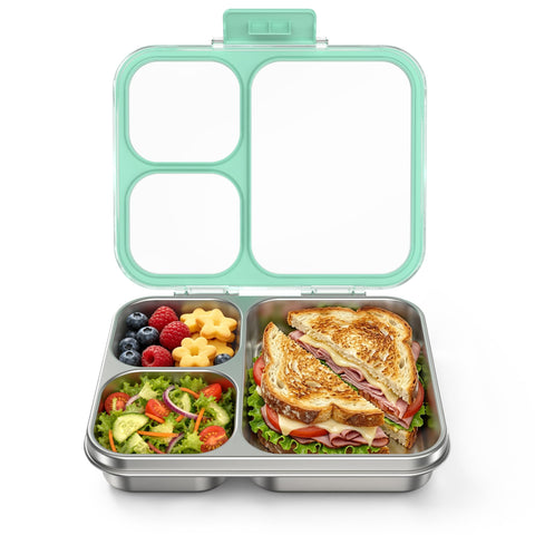 HOMEKOL front view of green bento box showing slim profile and secure lid, ideal for commuting