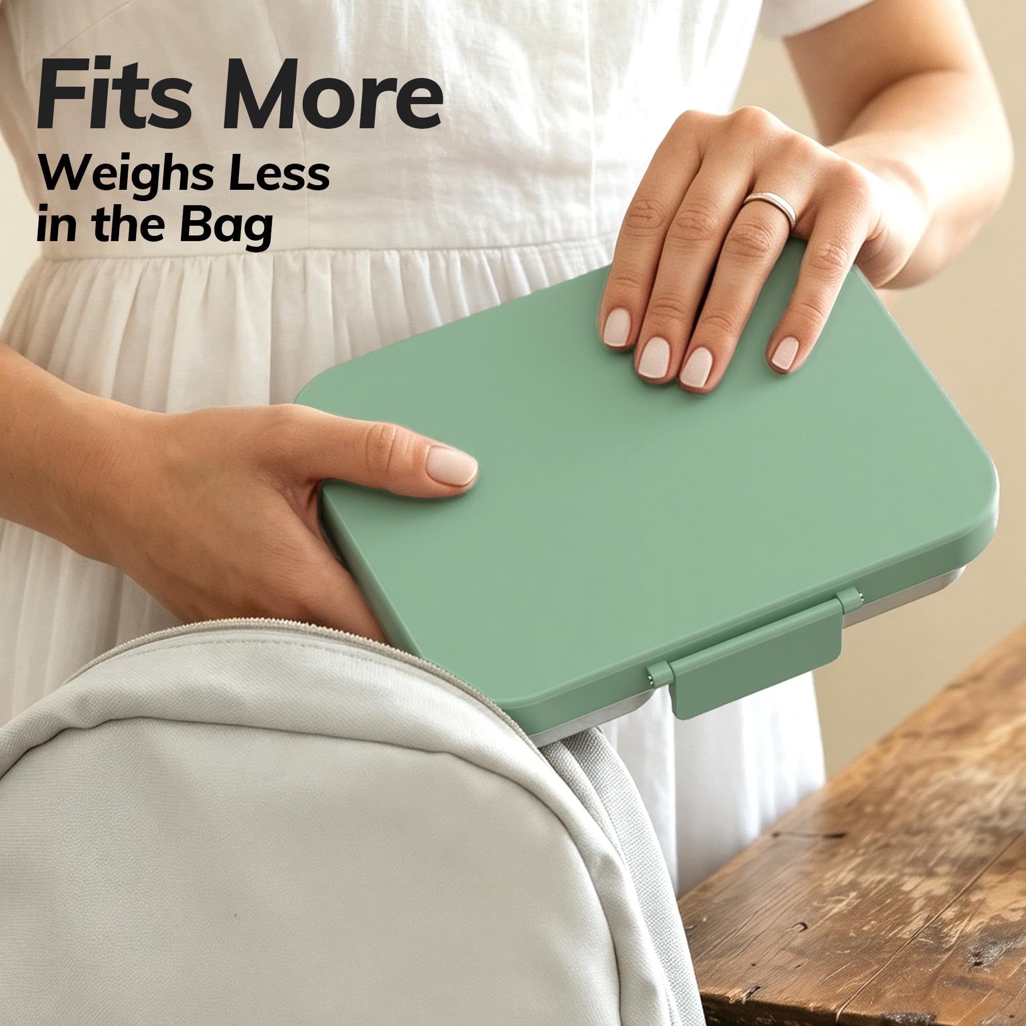 HOMEKOL bento inside backpack illustrating slim space-saving carry
