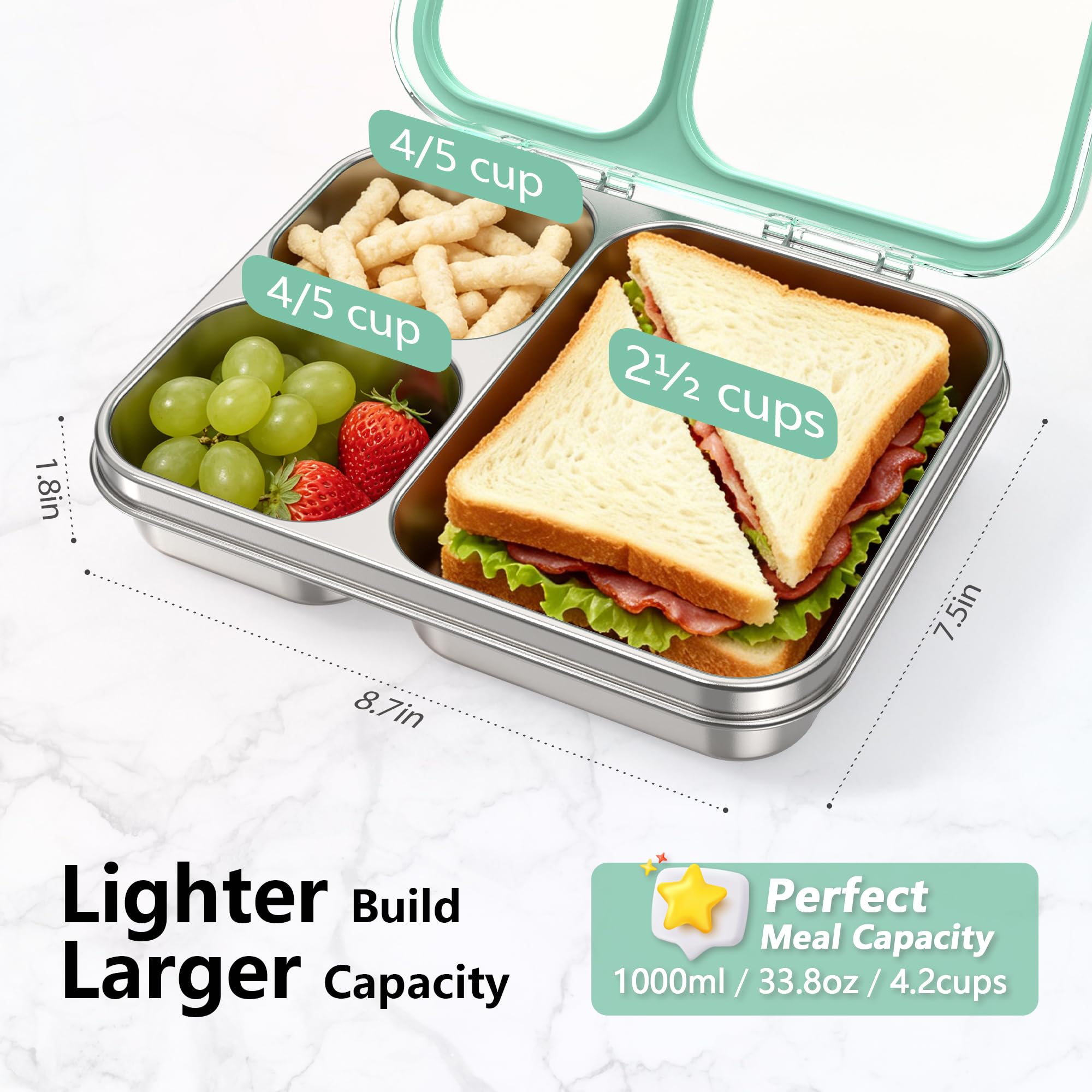 HOMEKOL open 3-compartment bento showing 2.5-cup main and two 0.8-cup sides, great for meal portions