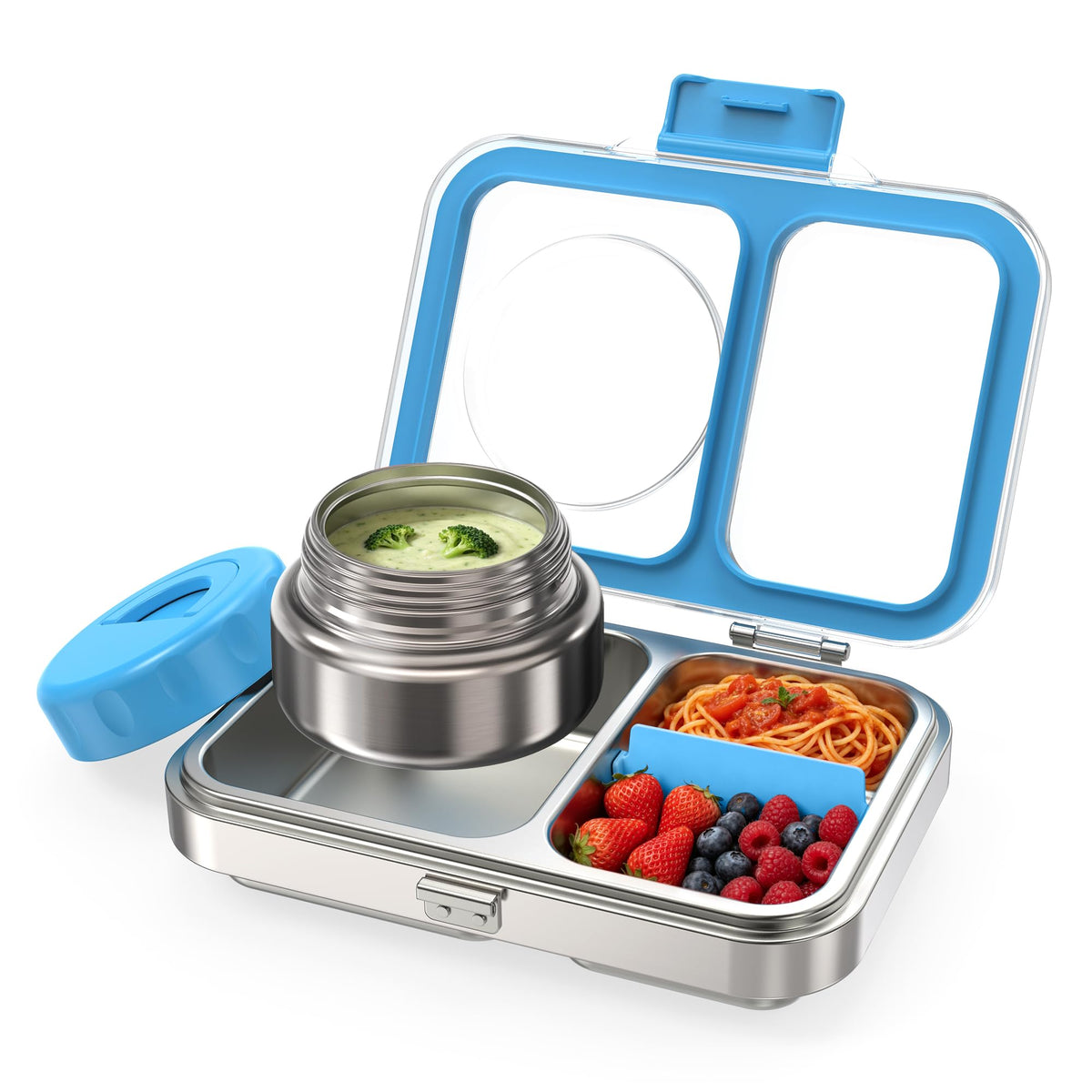 HOMEKOL front view of stainless steel lunch box showing compact design and reliable protection