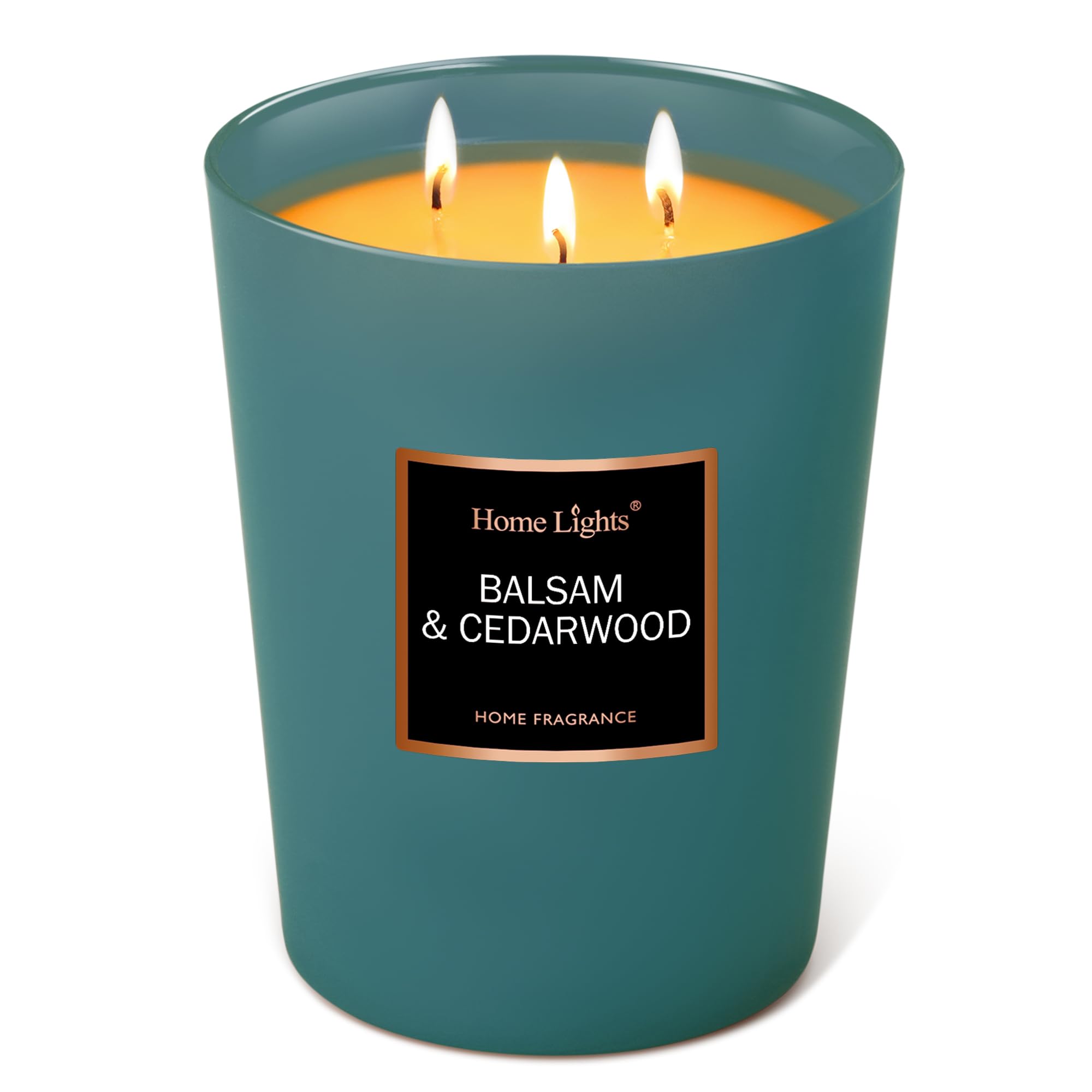 Home Lights front view of balsam and cedar candle showing jar and label, aesthetic impact