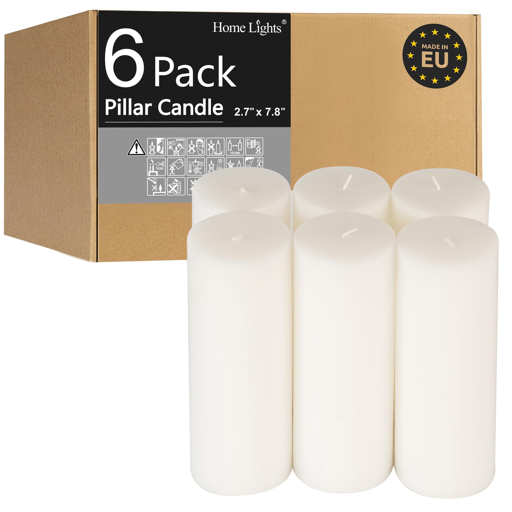 HomeLights front view of six white pillar candles showing neat packaging and even finish