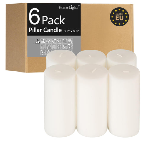 HomeLights front-packaging shows six white unscented pillar candles ready for events