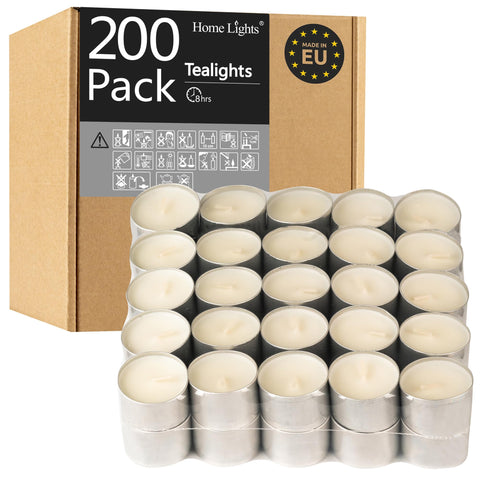 HomeLights tealight pack front view showing neat rows and quantity benefit