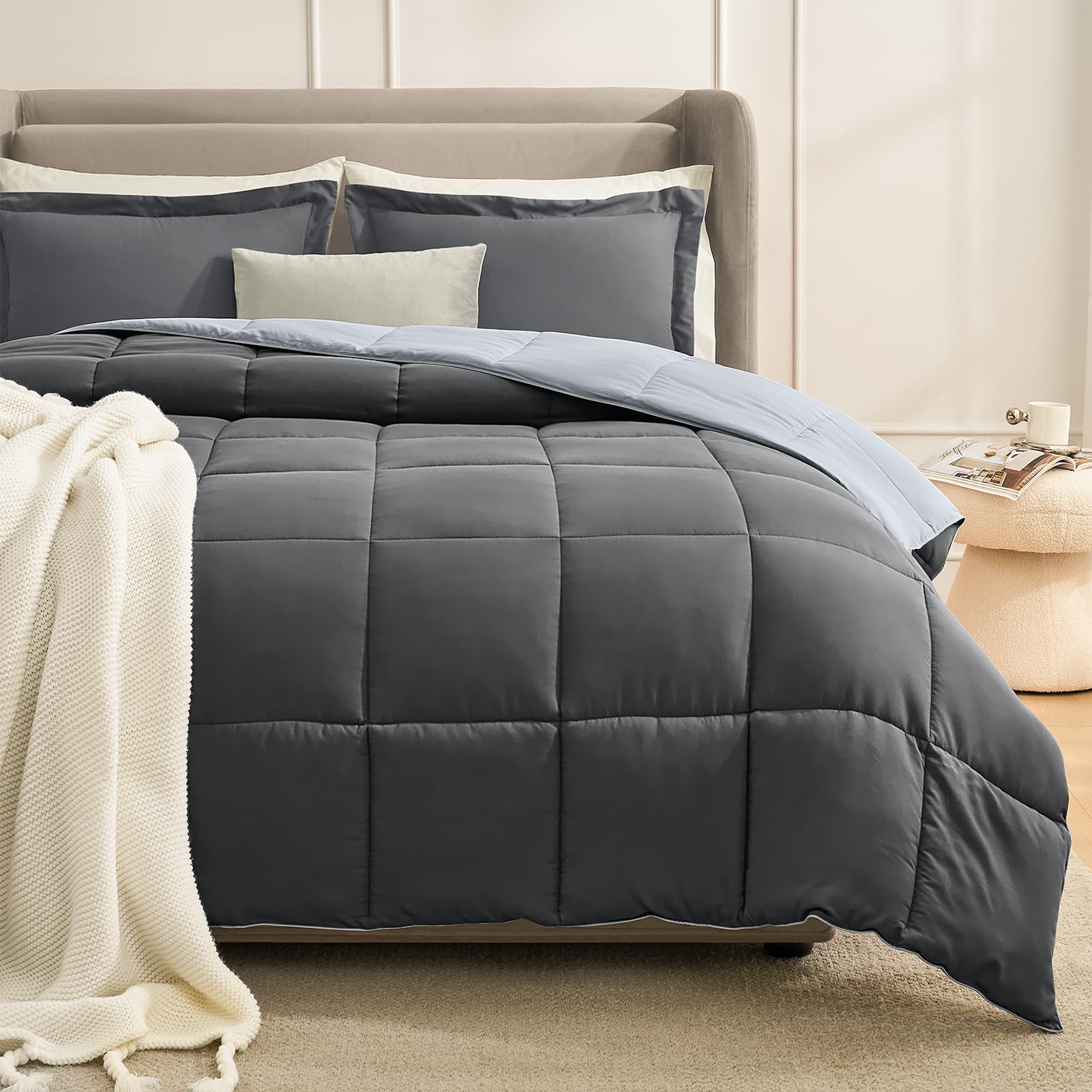 Homelike Moment front view of queen comforter showing neutral gray design and cozy look