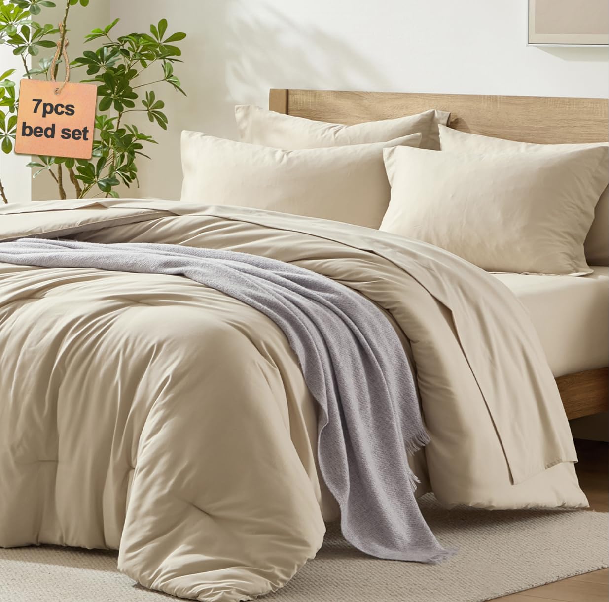 Homelike Moment front view of beige comforter set showing complete bed styling and neat look