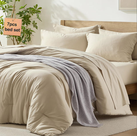 Homelike Moment front view of beige comforter set showing complete bed styling and neat look