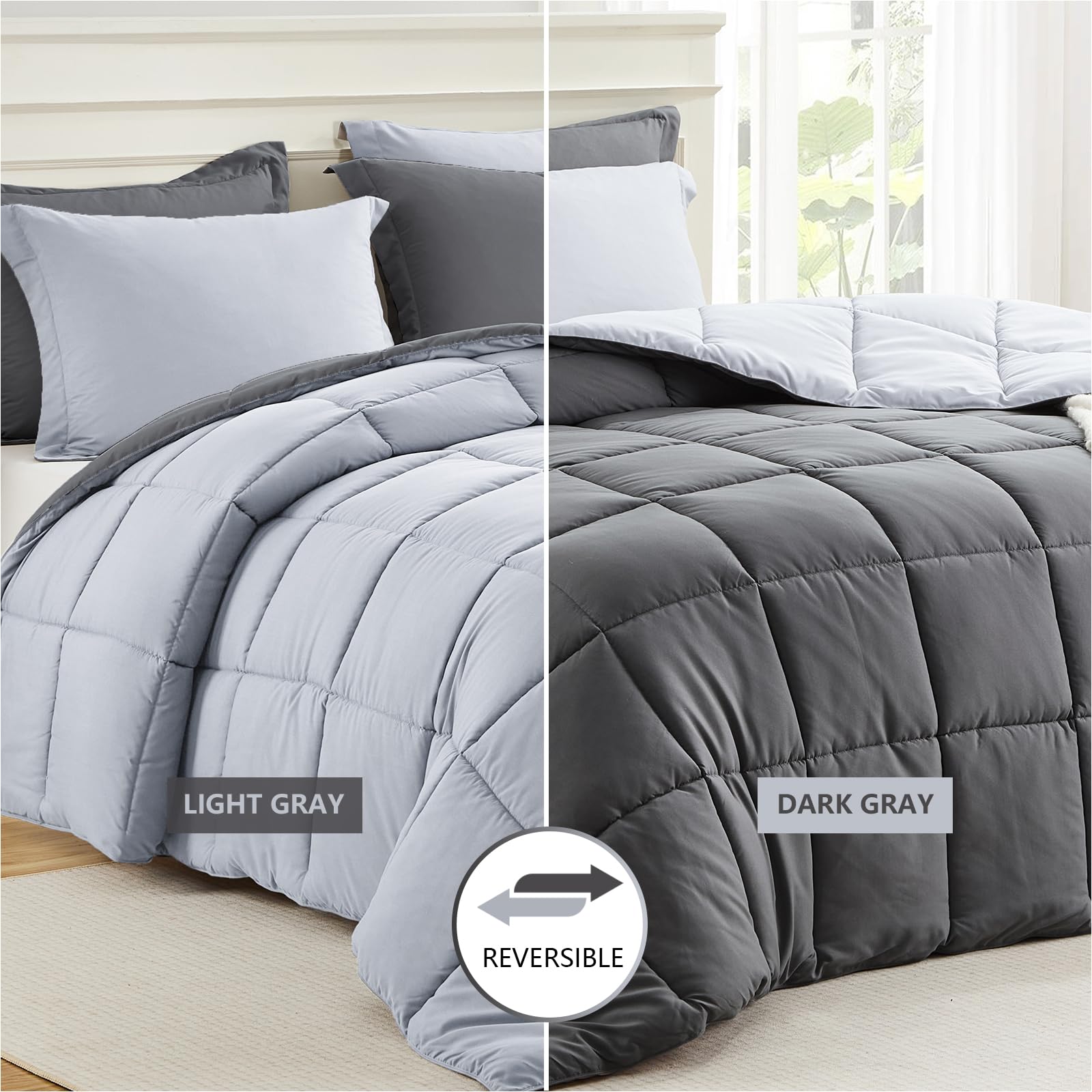Homelike Moment reversible comforter flipped to light gray side for styling flexibility