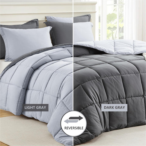 Homelike Moment reversible comforter flipped to light gray side for styling flexibility
