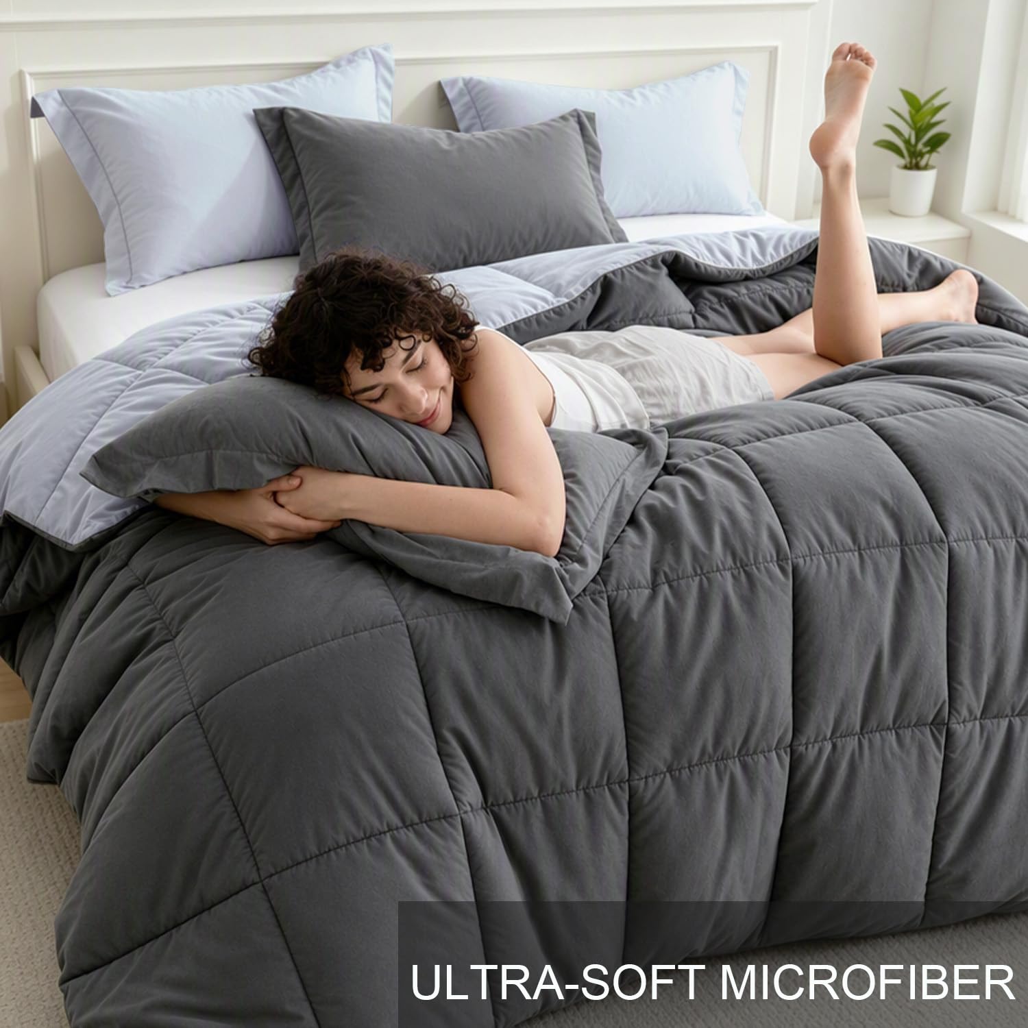 Homelike Moment comforter on queen bed comparing size and lightweight profile