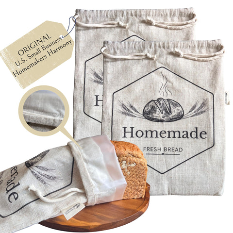 HOMEMAKERS HARMONY front pack showing XL linen bread bags and benefits