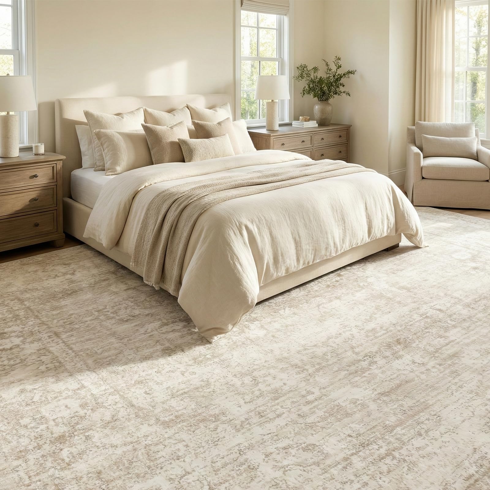 Homemate rug beside chair and tape measure indicating true 9x12 size