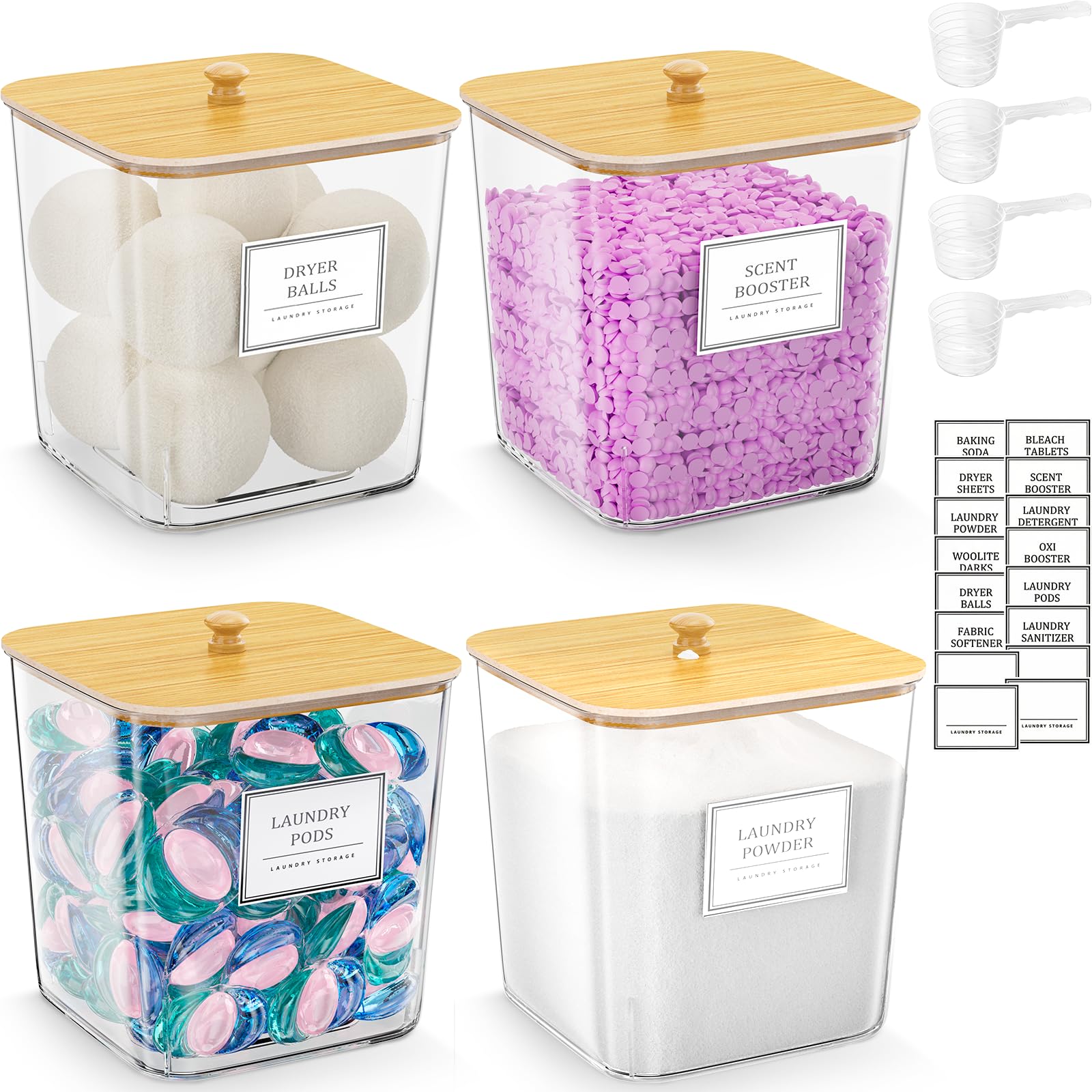 HomePekite front view of four clear jars showing contents and tidy organization