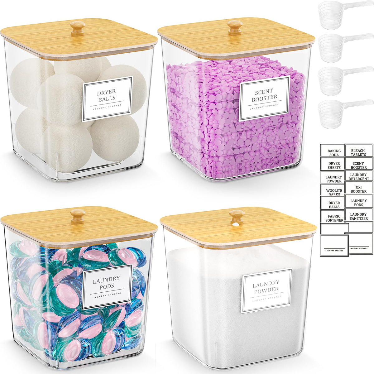 HomePekite front view of four clear jars showing contents and tidy organization