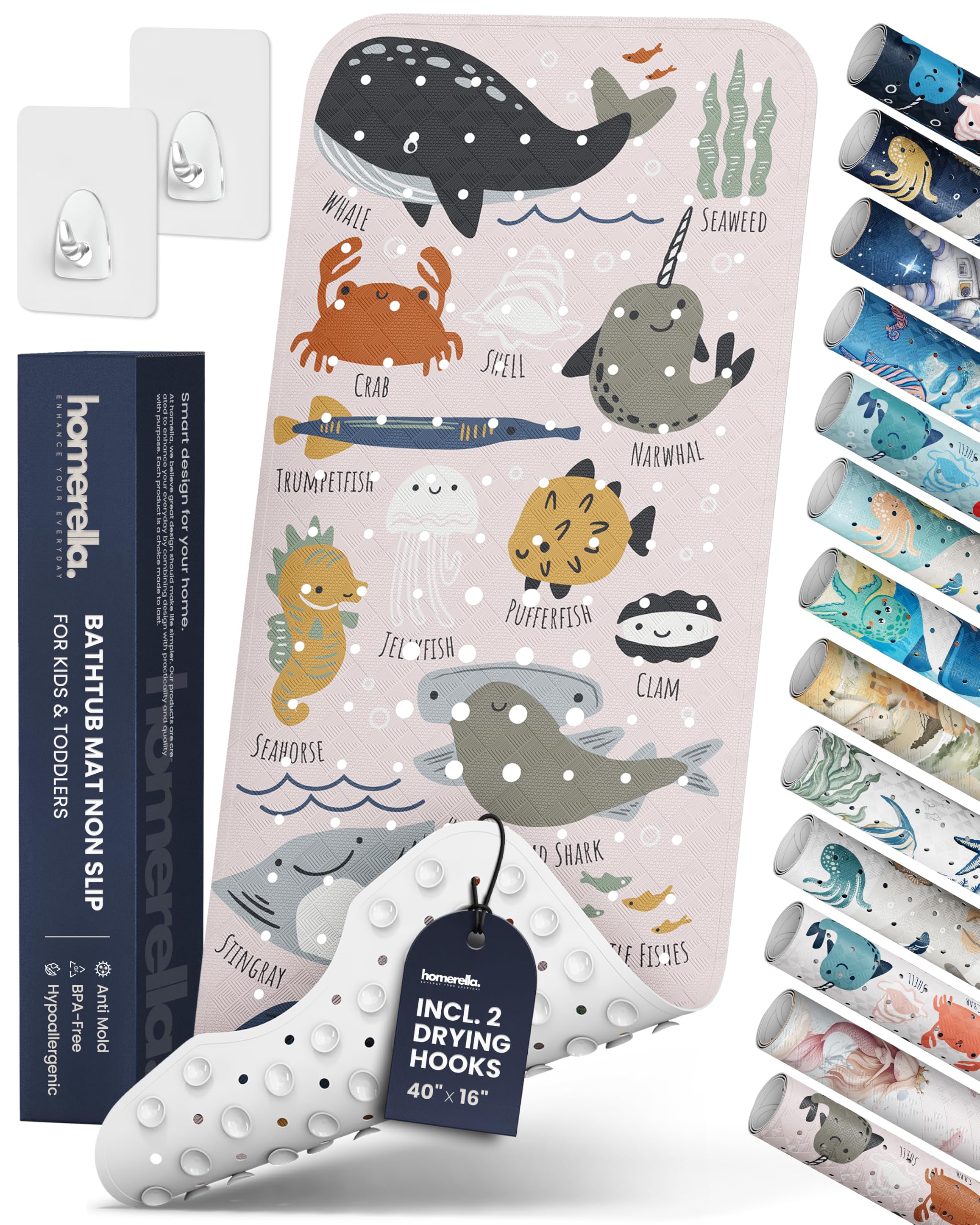 Homerella front view of colorful bath mat showing ocean animals and size benefits