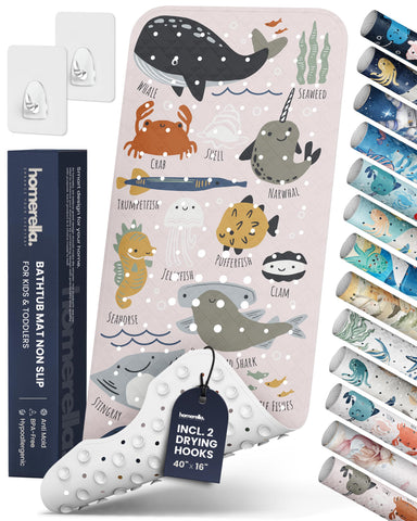 Homerella front view of colorful bath mat showing ocean animals and size benefits