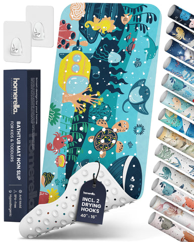 Homerella front view of bath mat showing colorful ocean animals and fit benefits