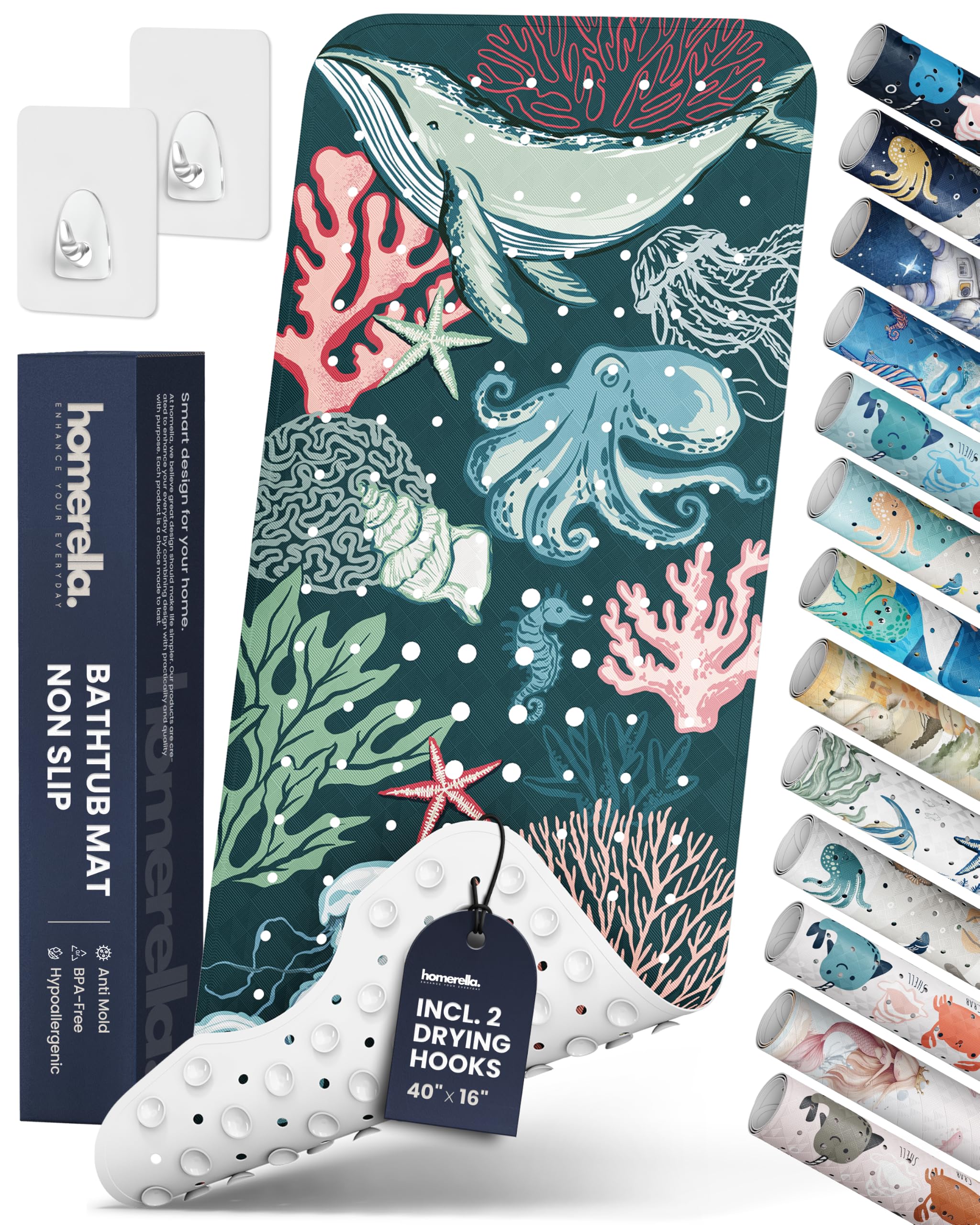 Homerella front view of bathtub mat packaging showing product and benefit