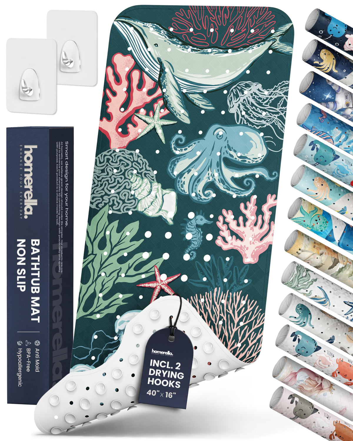 Homerella front view of bathtub mat packaging showing product and benefit