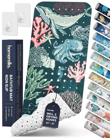 Homerella front view of bathtub mat packaging showing product and benefit