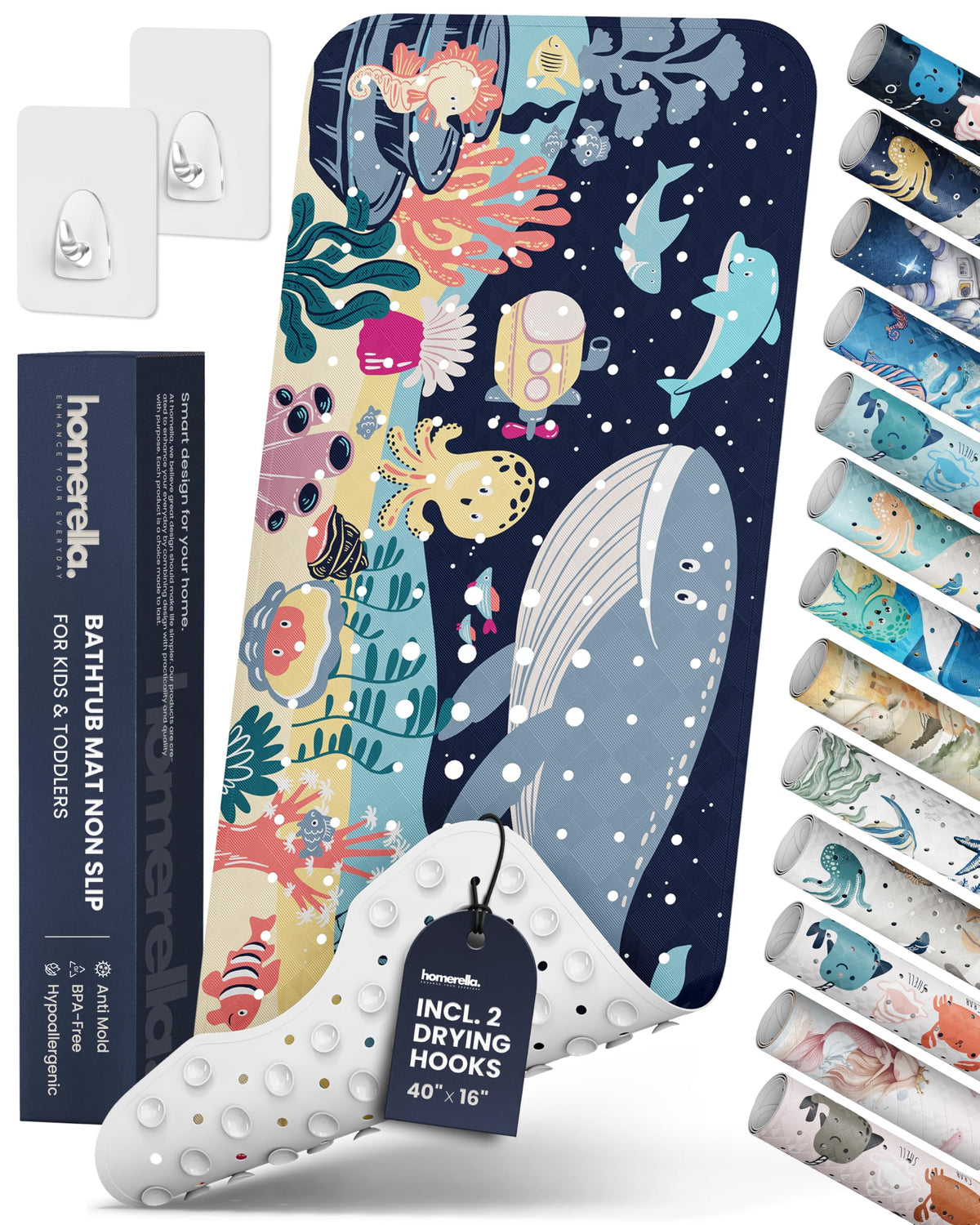 Homerella front view of colorful kid bathtub mat showing playful animals and coverage