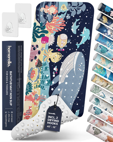 Homerella front view of colorful kid bathtub mat showing playful animals and coverage