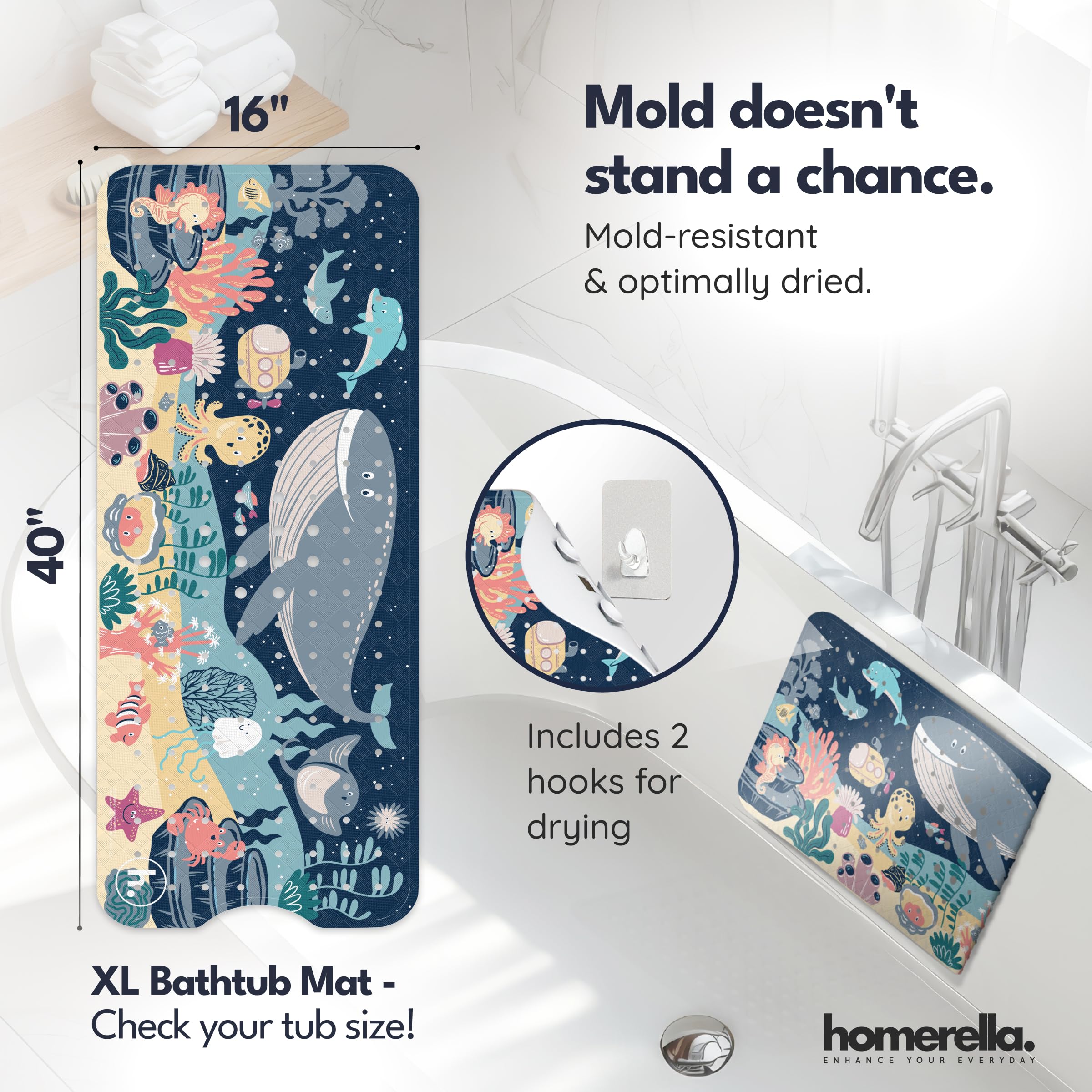 Homerella adhesive hooks holding mat to wall for fast air-drying and mold prevention