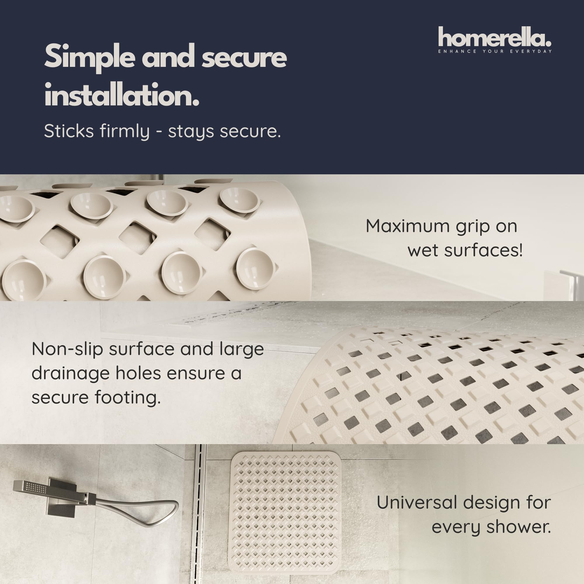 Homerella mat placed in shower illustrating coverage and scale