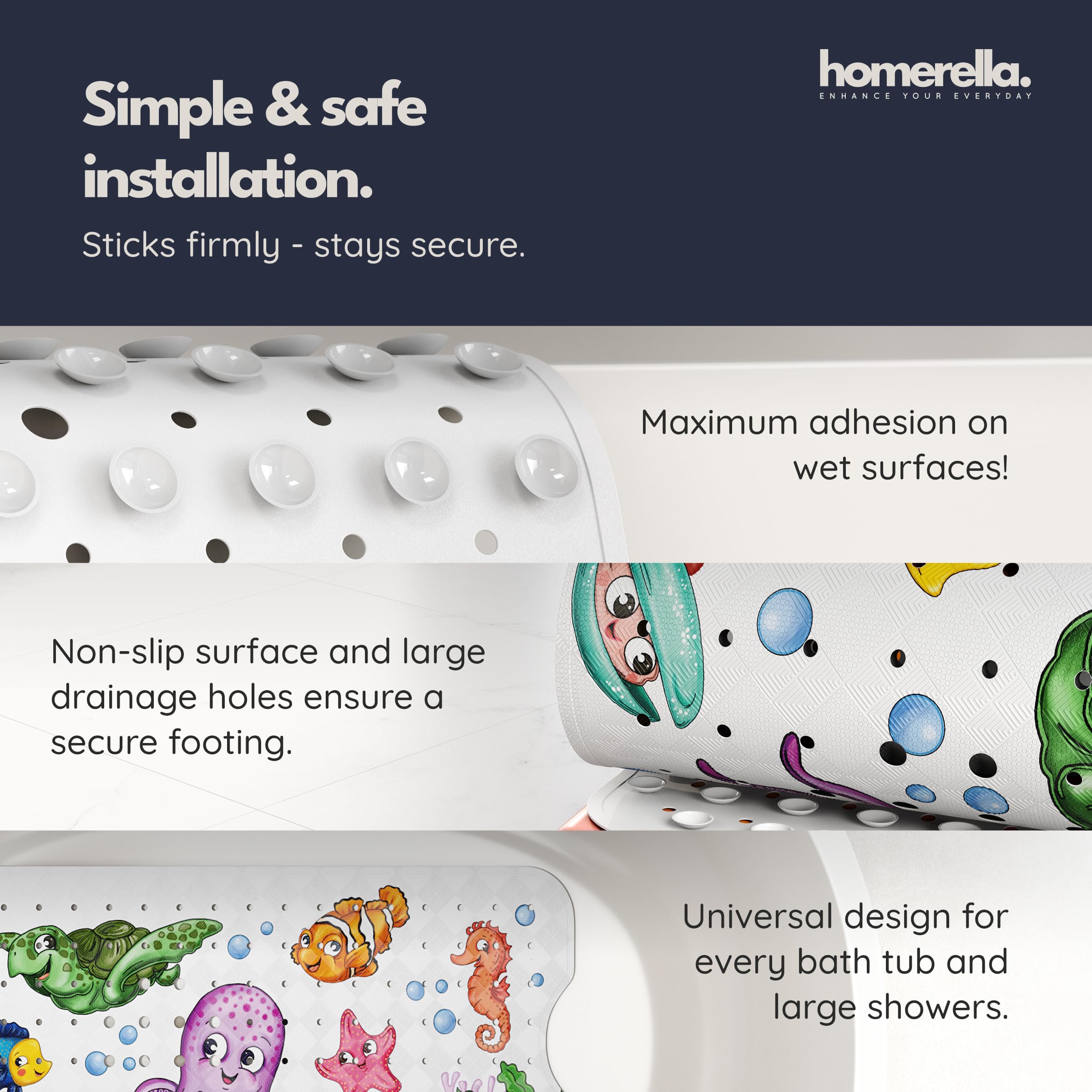 Homerella mat installed in a smooth tub for improved child safety