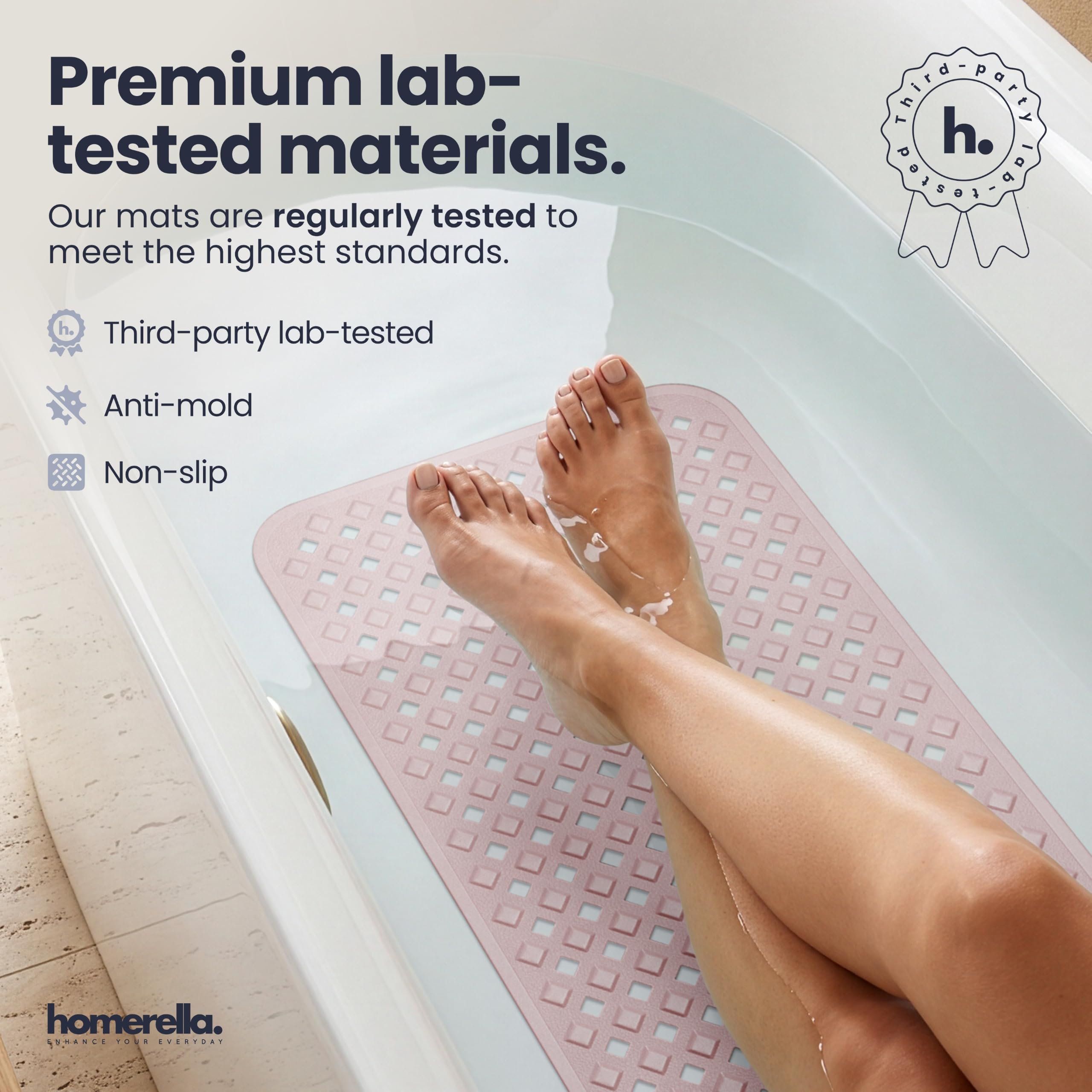 Homerella mat staged in modern bathroom, creates safer bathing space