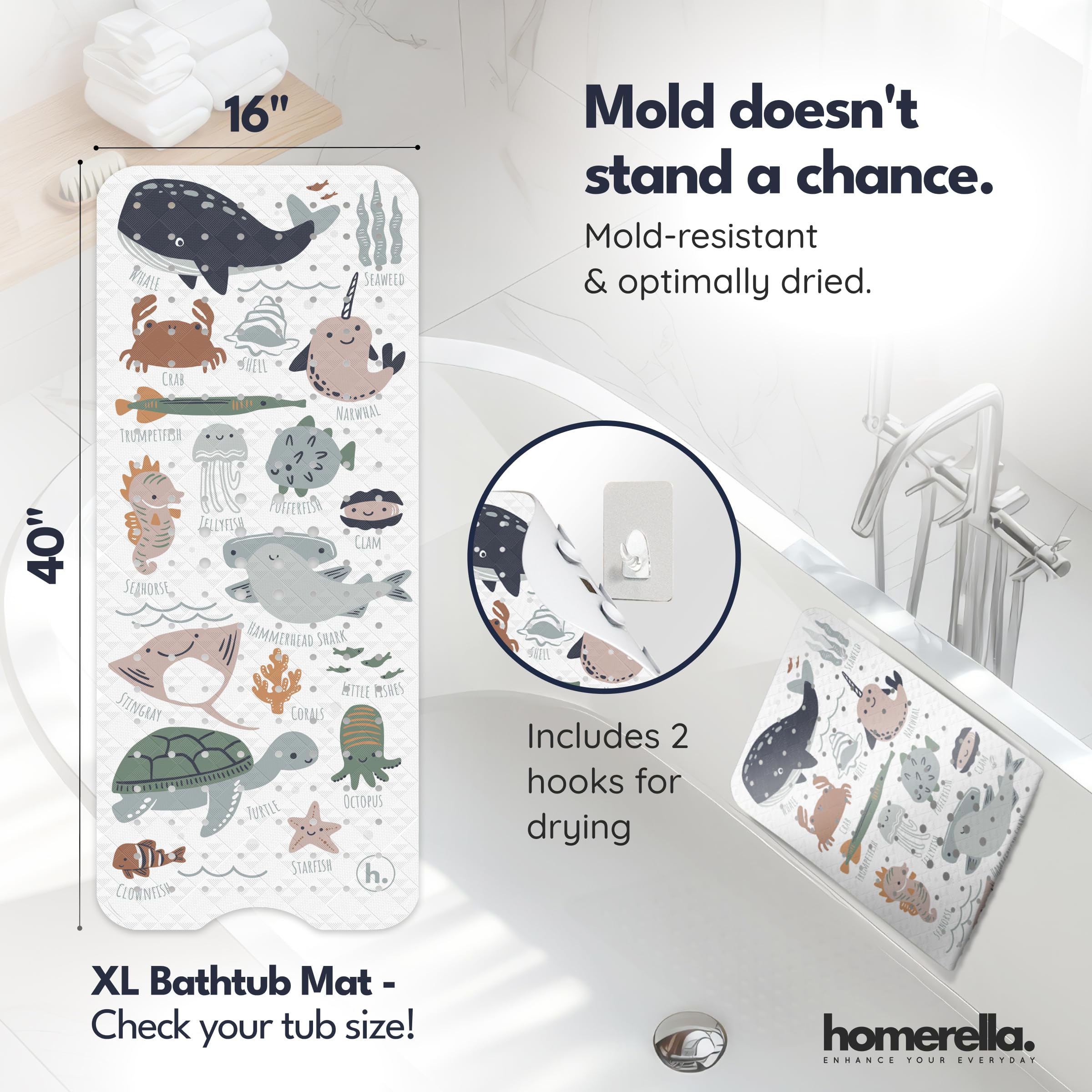 Homerella detailed suction cups securing mat to smooth tub surface