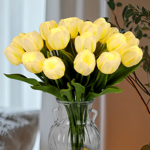 HOMESEASONS front view of 20-stem tulip bouquet creating instant décor warmth
