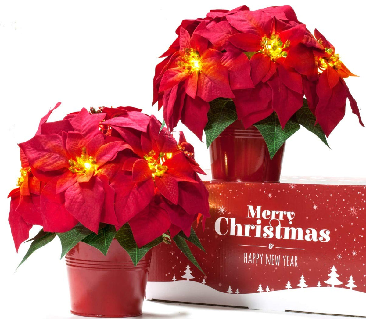 HOMESEASONS potted front view showing red poinsettia benefit instant display
