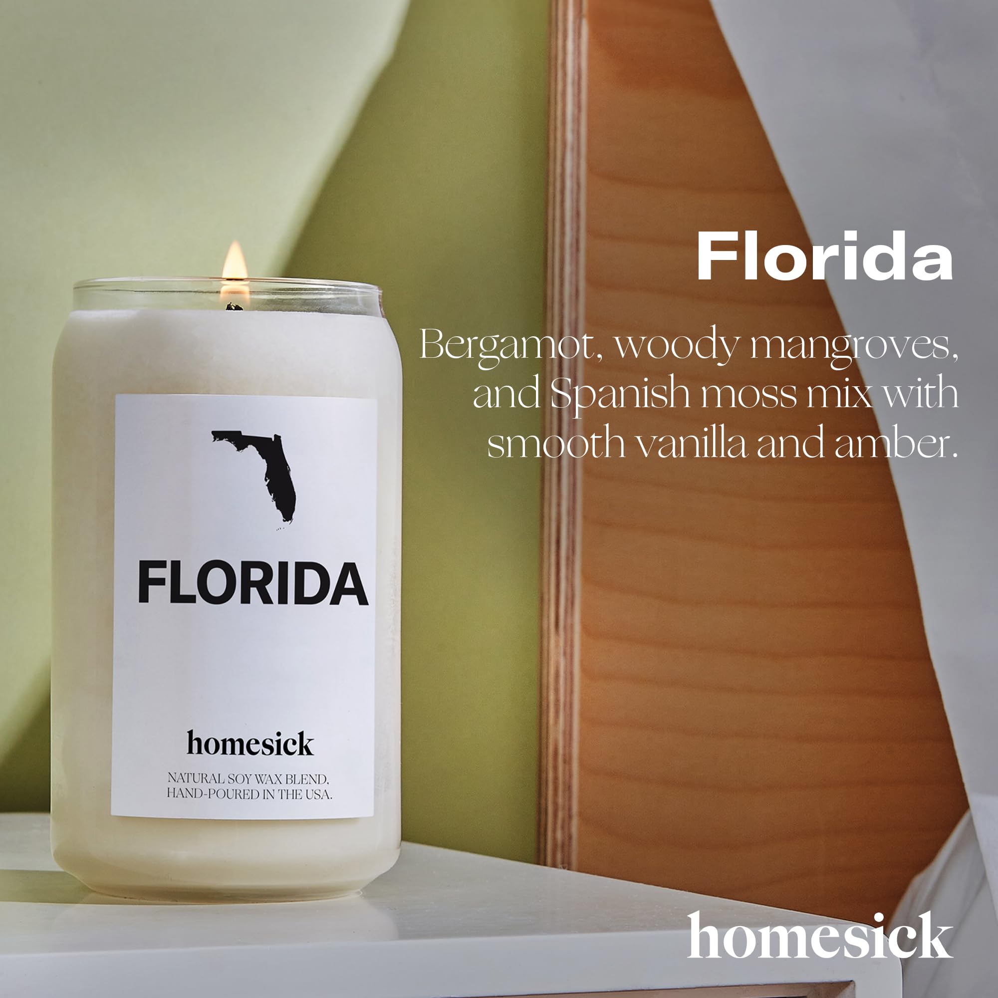 Homesick label detail focusing on scent notes and clear product identity benefit