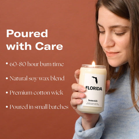 Homesick candle next to everyday items showing 13.75 oz scale and longevity