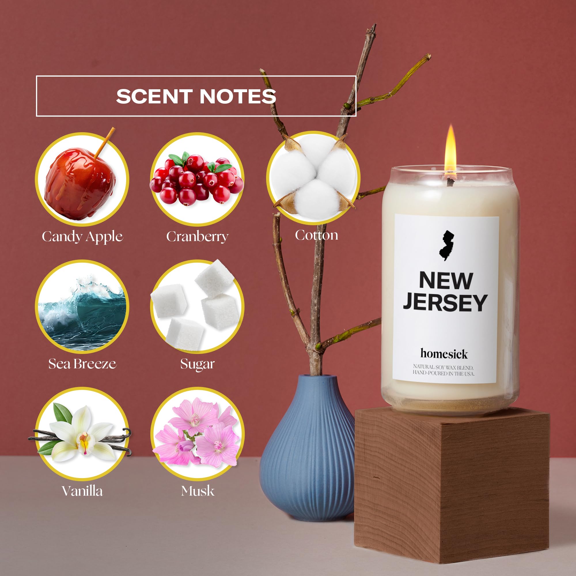 Homesick New Jersey candle burning in living room adding cozy fragrance