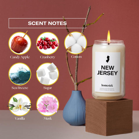 Homesick New Jersey candle burning in living room adding cozy fragrance