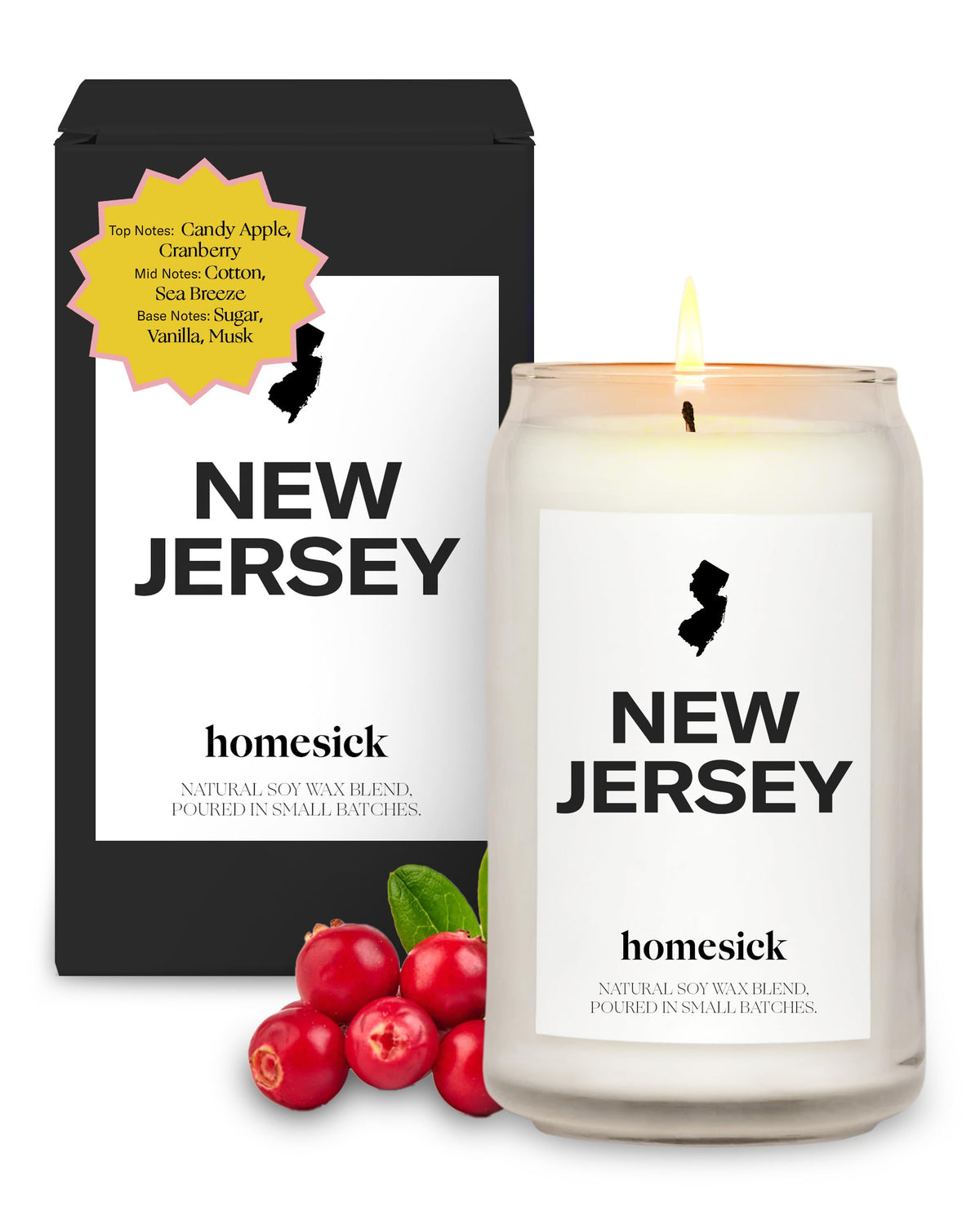 Homesick New Jersey front jar showing candle and lid for easy placement