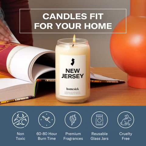 Homesick New Jersey candle staged with boardwalk props evoking coastline