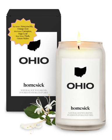 Homesick Ohio front jar showing label and warm glow benefit nostalgia